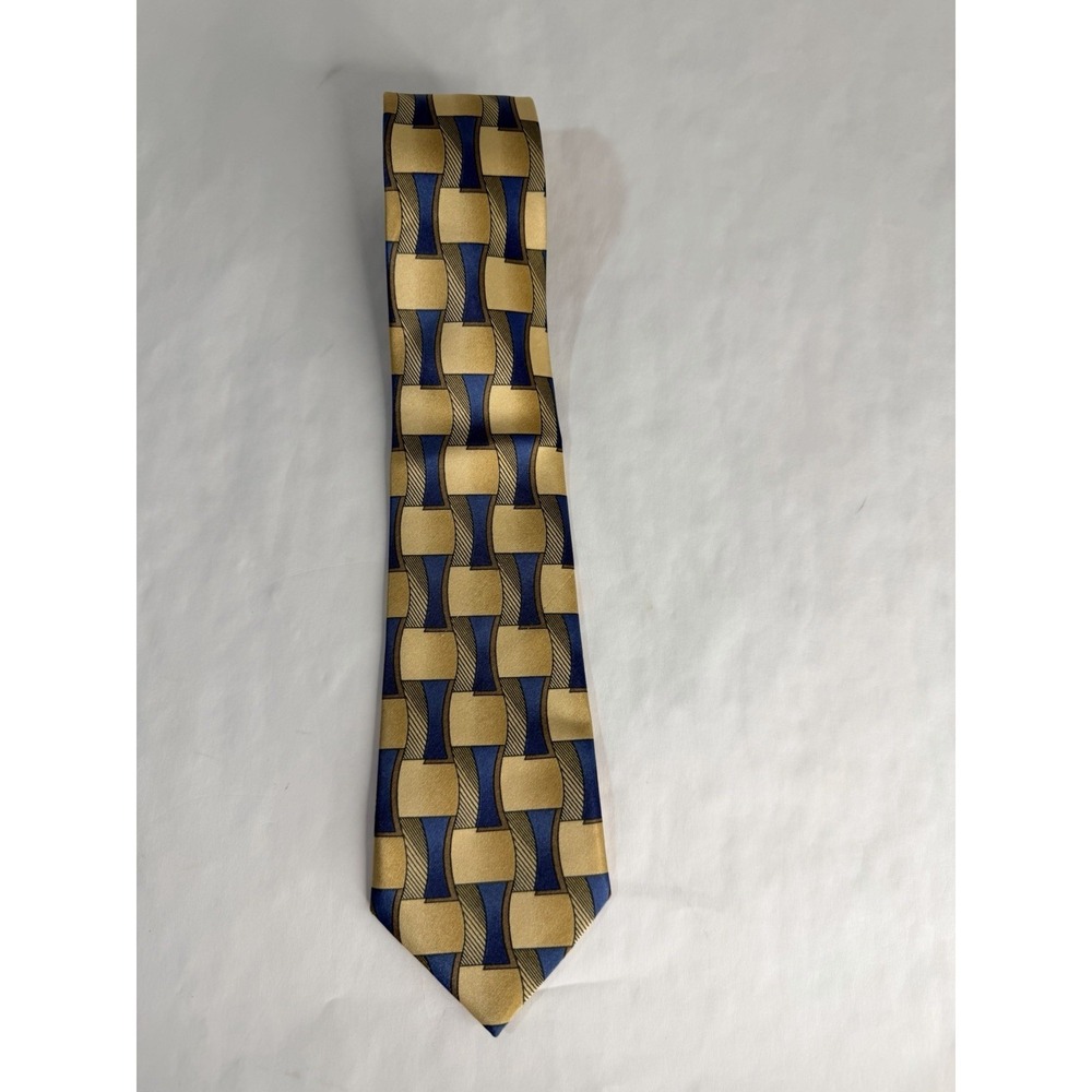 Rooster Silk Tie Gold Blue Geometric Pattern Men's Necktie Classic